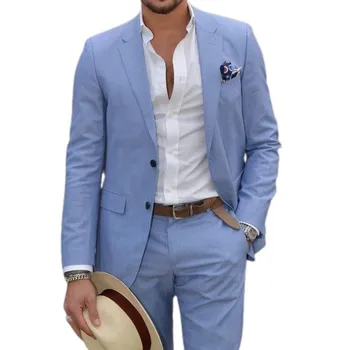 Небесно-голубые повседневные мужские костюмы для выпускного вечера, приталенный Свадебный смокинг из 2 предметов, модная куртка для жениха с брюками, Новое поступление