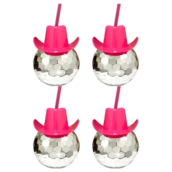 4шт 70-х годов с соломинками, Зеркальный ковбойский диско-шар в стиле Вестерн, Гальваническое покрытие, Розовая пастушка, Праздничный бар, Шляпные чашки, принадлежности для вечеринки по случаю Дня рождения