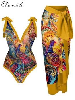 Сексуальный цельный женский купальник на шнуровке с открытой спиной, летний новинка 2023, модное пляжное платье с солнцезащитным принтом, купальники из двух частей, комплект из двух предметов