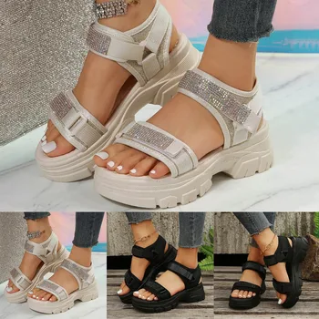 Женские сандалии, летние спортивные сандалии с пряжкой, босоножки на толстой подошве с бриллиантами, женские широкие сандалии, размер 8
