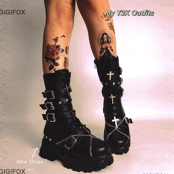 GIGIFOX Модные Черные Белые Готические Пряжки на платформе Цепи Панк-Заклепки Боевые Мотоциклетные Ботинки Обувь для женщин