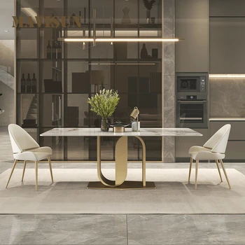 Дизайнерский Обеденный стол из яркого шифера 2022 года, металлические ножки с золотым покрытием, Роскошный Современный минималистичный стол для ресторана, Домашний Прямоугольный стол